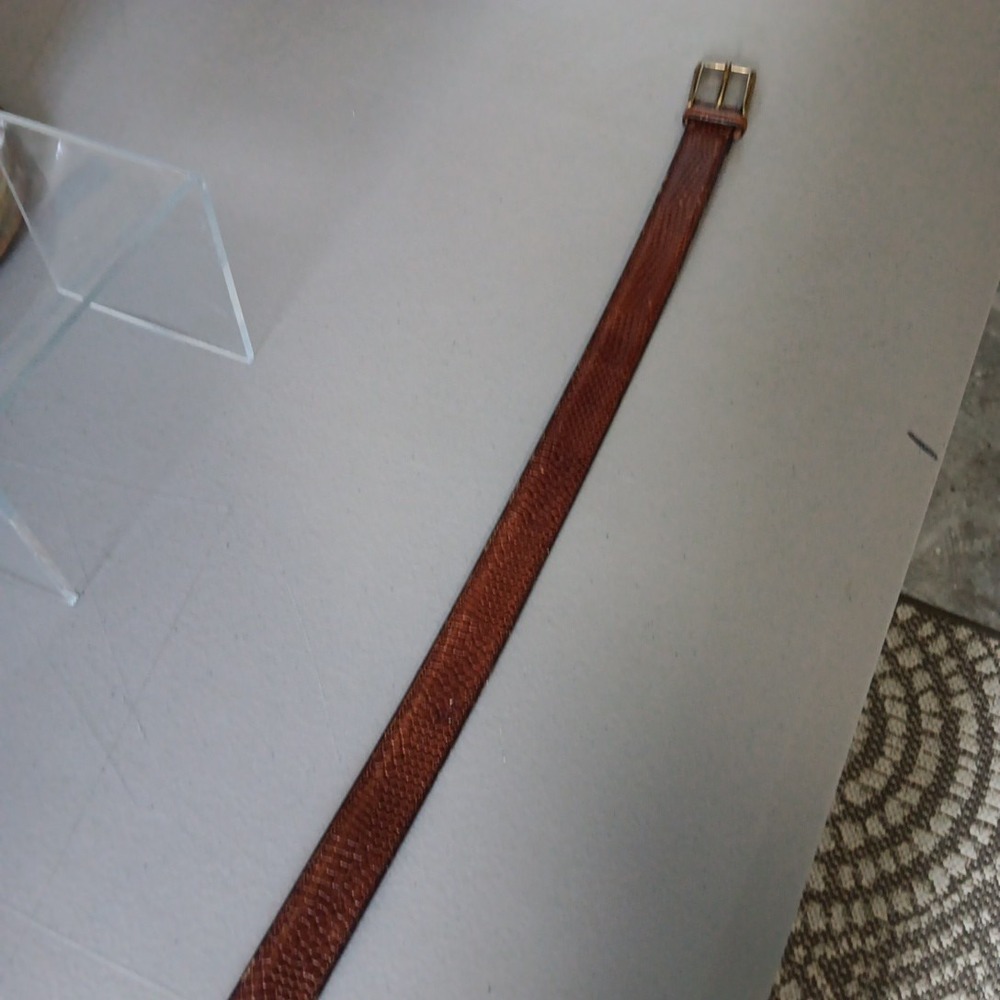 VTG Reptile Leather Belt Womens Size 38 Cognac Red Brass Square Buckle Old Money - Picture 10 of 12